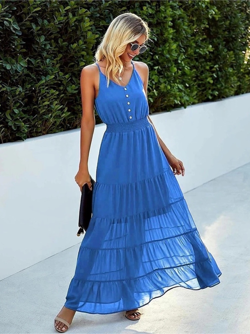 PrettyGarden Spaghetti Strap Tiered Maxi Dress Blue Maxi Dress